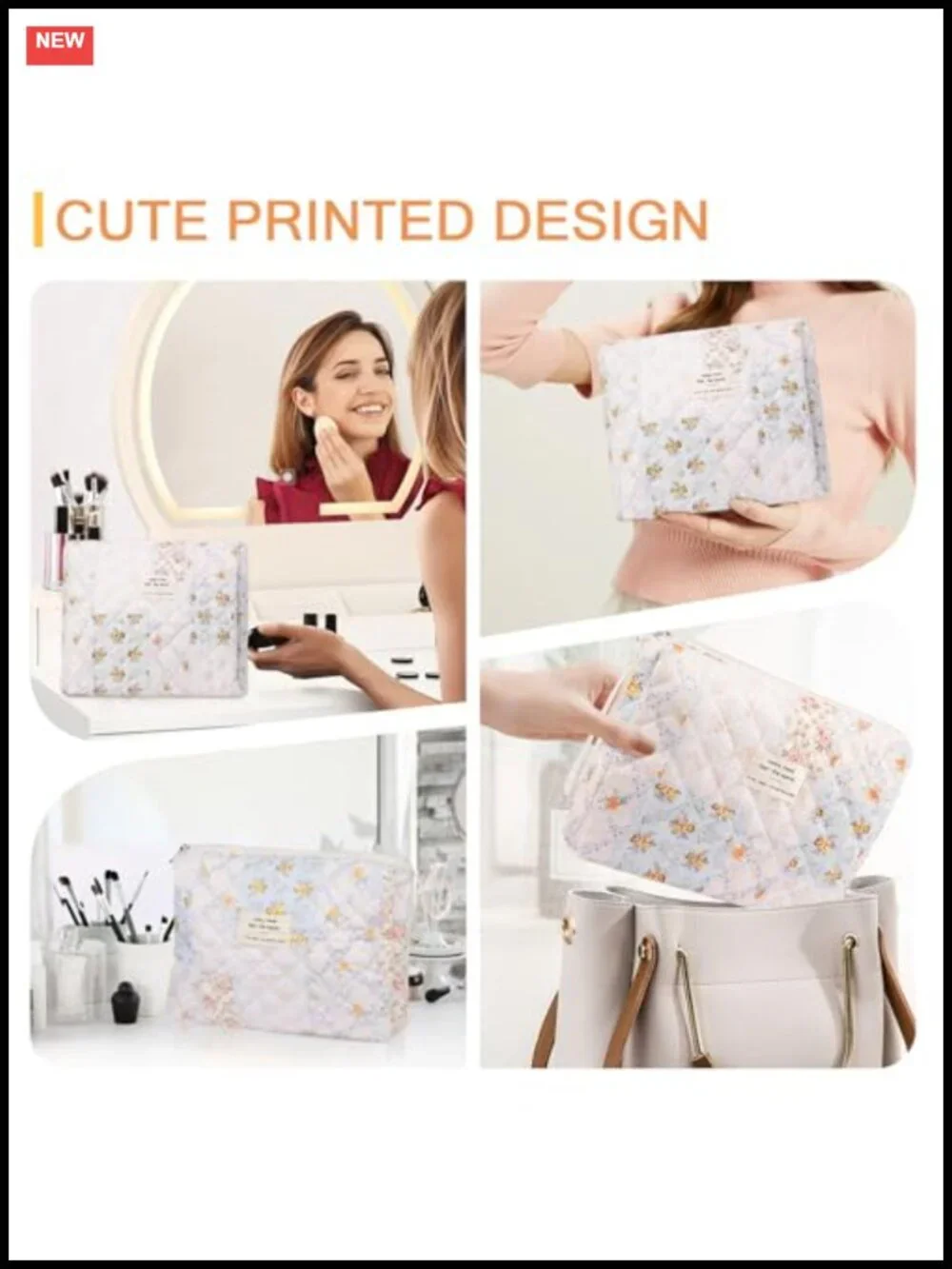 Small Quilted Cotton Cosmetic Bag Floral Travel Makeup Toiletry Organizer Cute